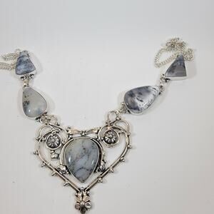 Handmade Silver Necklace with Dendritic Agate Stones and Heart Design Pendant